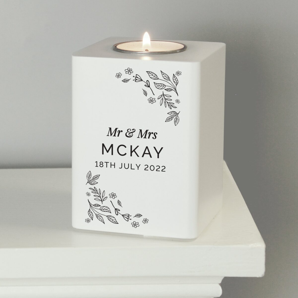Personalised Floral Leaf White Wooden Tea Light Holder: 4 - Candle Holders By Gift Moments