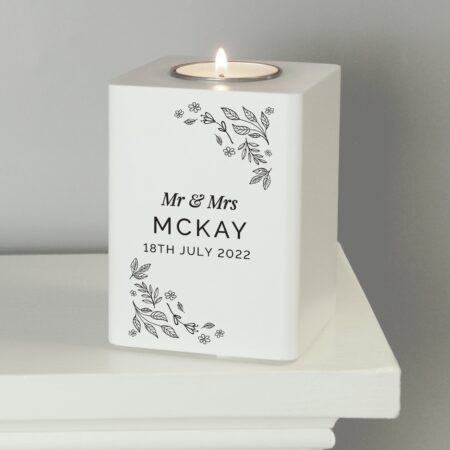 Personalised Floral Leaf White Wooden Tea Light Holder: 4 - Candle Holders By Gift Moments