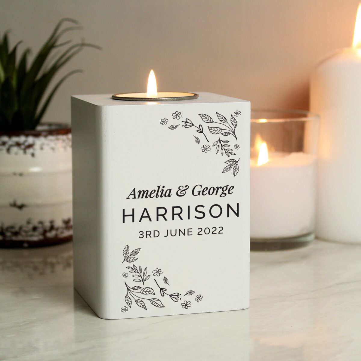 Personalised Floral Leaf White Wooden Tea Light Holder: 1 - Candle Holders By Gift Moments