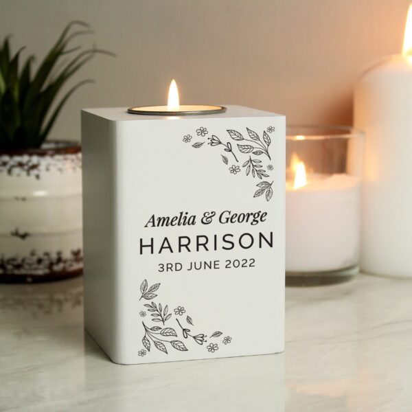 Personalised Floral Leaf White Wooden Tea Light Holder: 1 - Candle Holders By Gift Moments