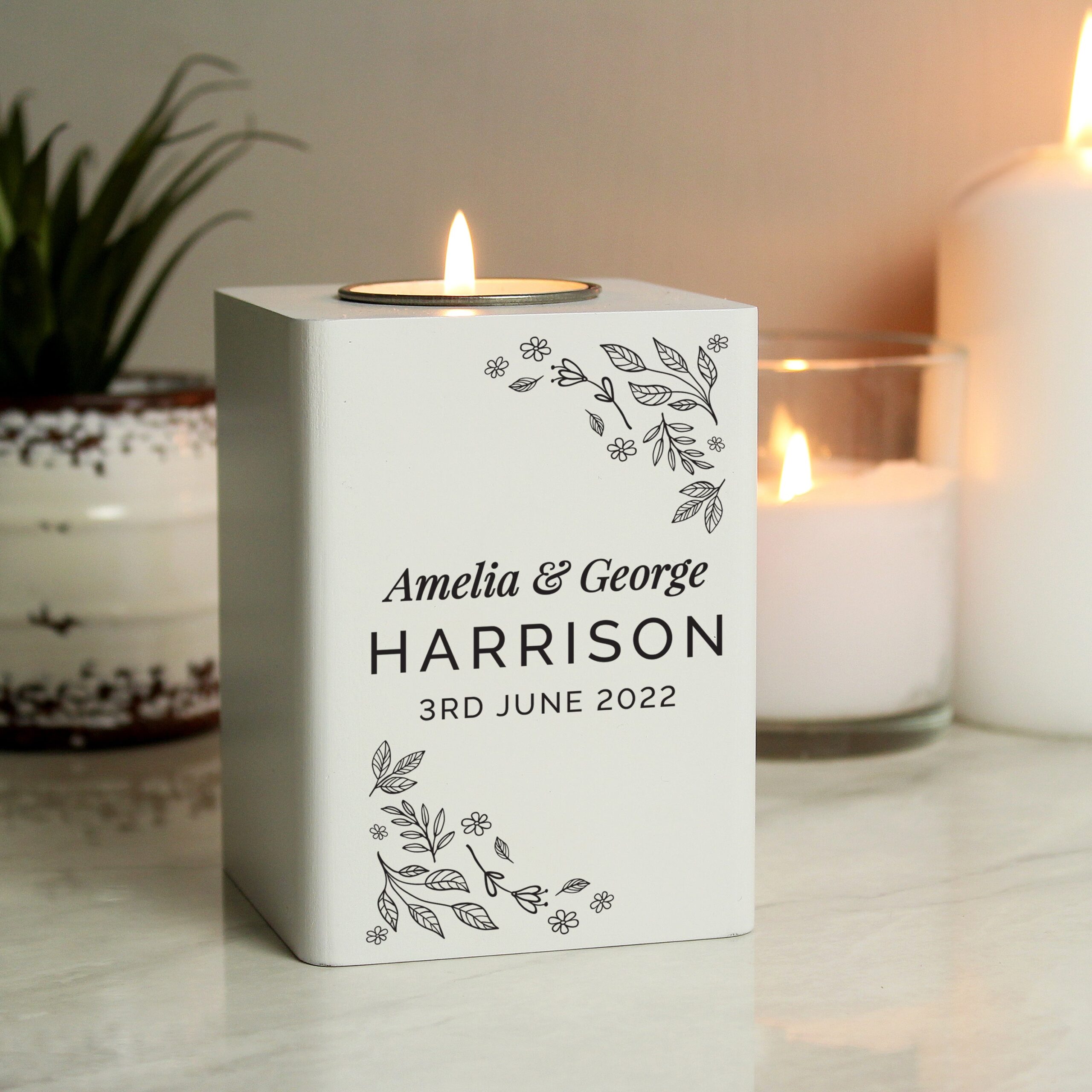 Personalised Floral Leaf White Wooden Tea Light Holder: 1 - Candle Holders By Gift Moments