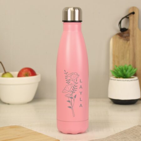 Personalised Floral Pink Metal Insulated Drinks Bottle: 1 - Water Bottles By Gift Moments