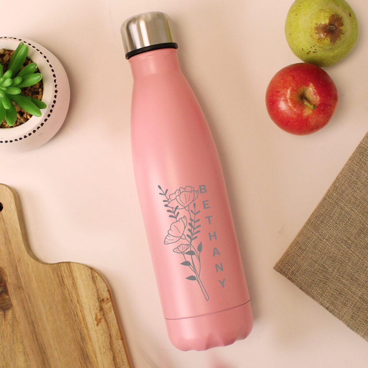 Personalised Floral Pink Metal Insulated Drinks Bottle: 2 - Water Bottles By Gift Moments