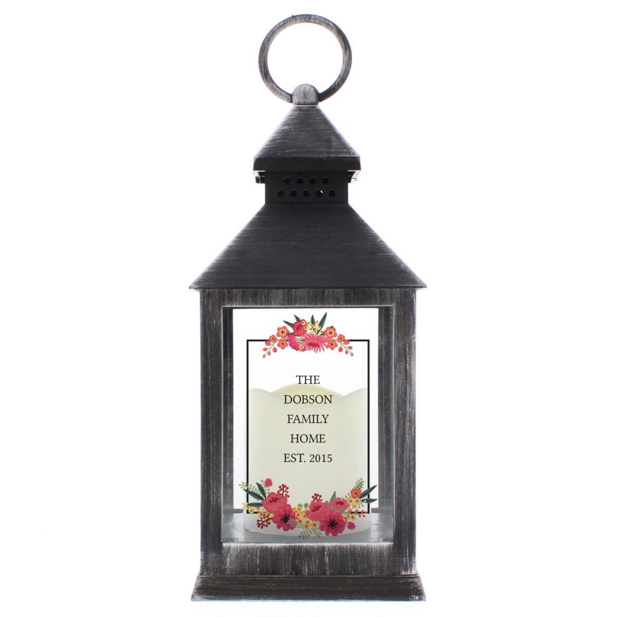 Personalised Floral Rustic Black Lantern: 4 - LED Lighting By Gift Moments