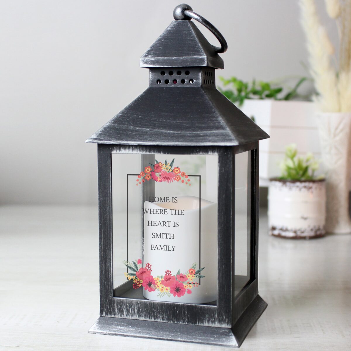 Personalised Floral Rustic Black Lantern: 2 - LED Lighting By Gift Moments