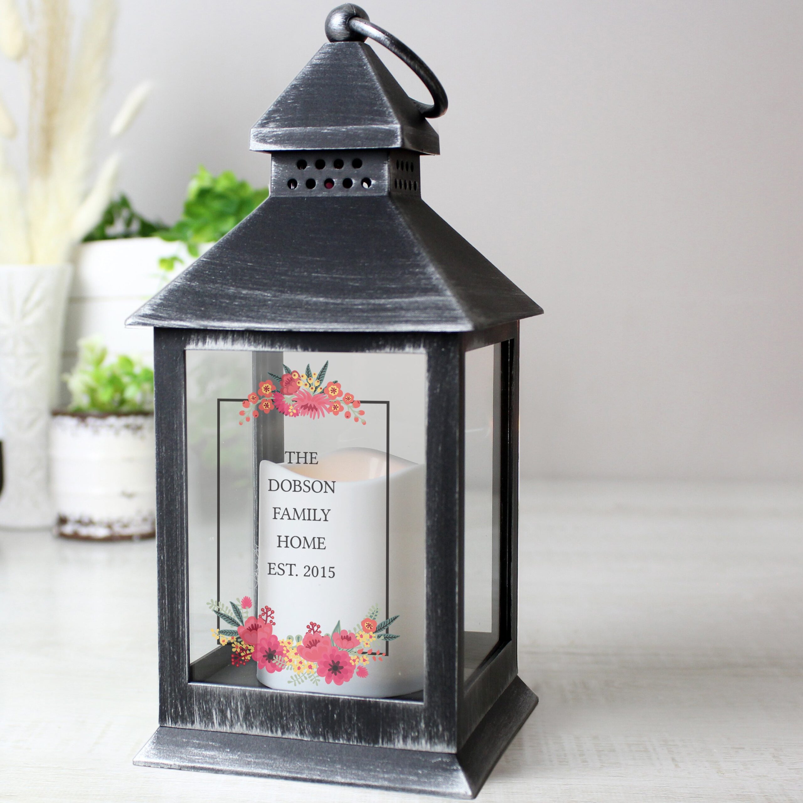 Personalised Floral Rustic Black Lantern: 1 - LED Lighting By Gift Moments