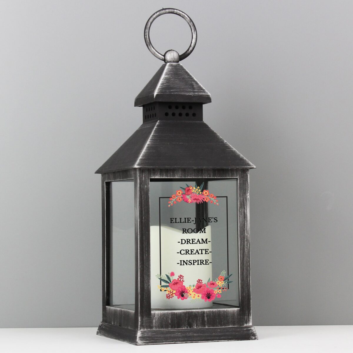 Personalised Floral Rustic Black Lantern: 8 - LED Lighting By Gift Moments