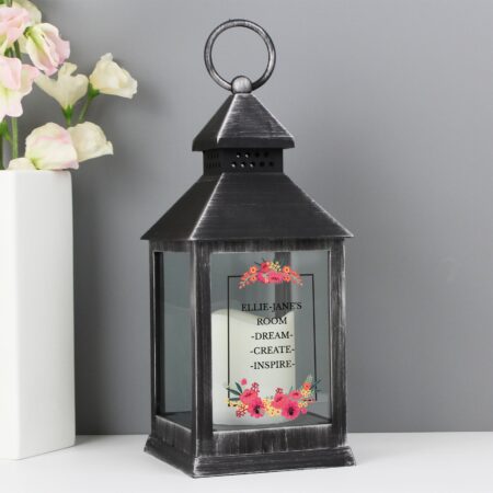 Personalised Floral Rustic Black Lantern: 6 - LED Lighting By Gift Moments