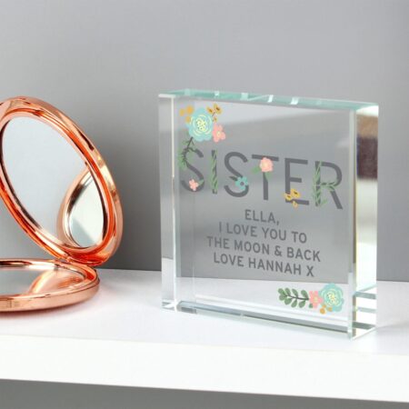 Personalised Floral Sister Crystal Token: 3 - Crystal Tokens By Gift Moments