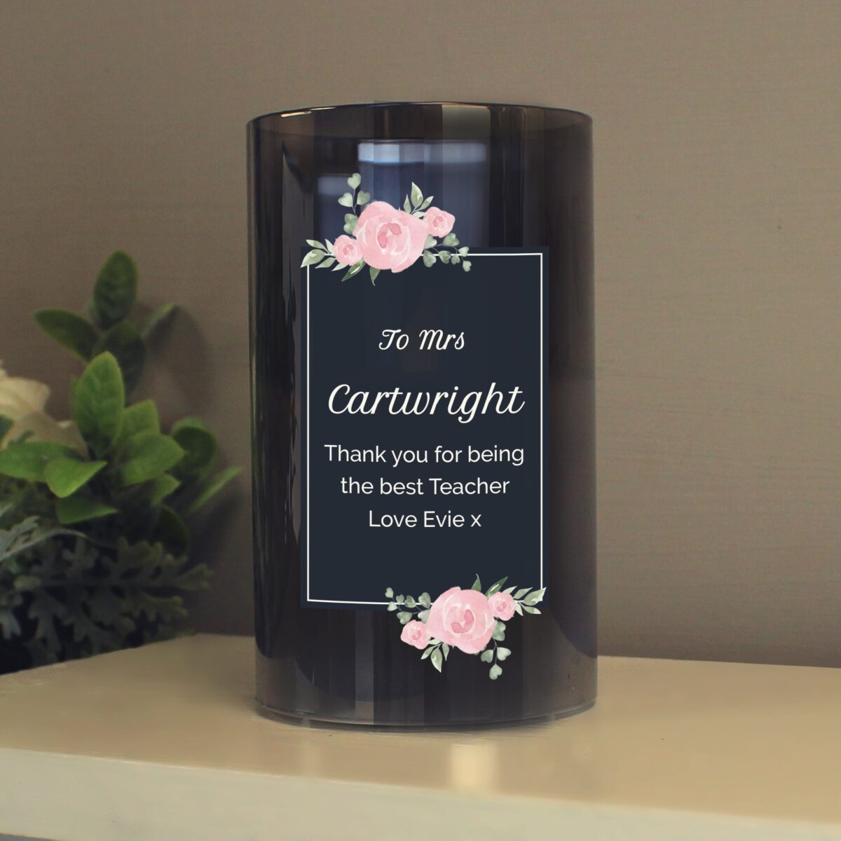 Personalised Floral Smoked Glass LED Candle: 4 - LED Lighting By Gift Moments