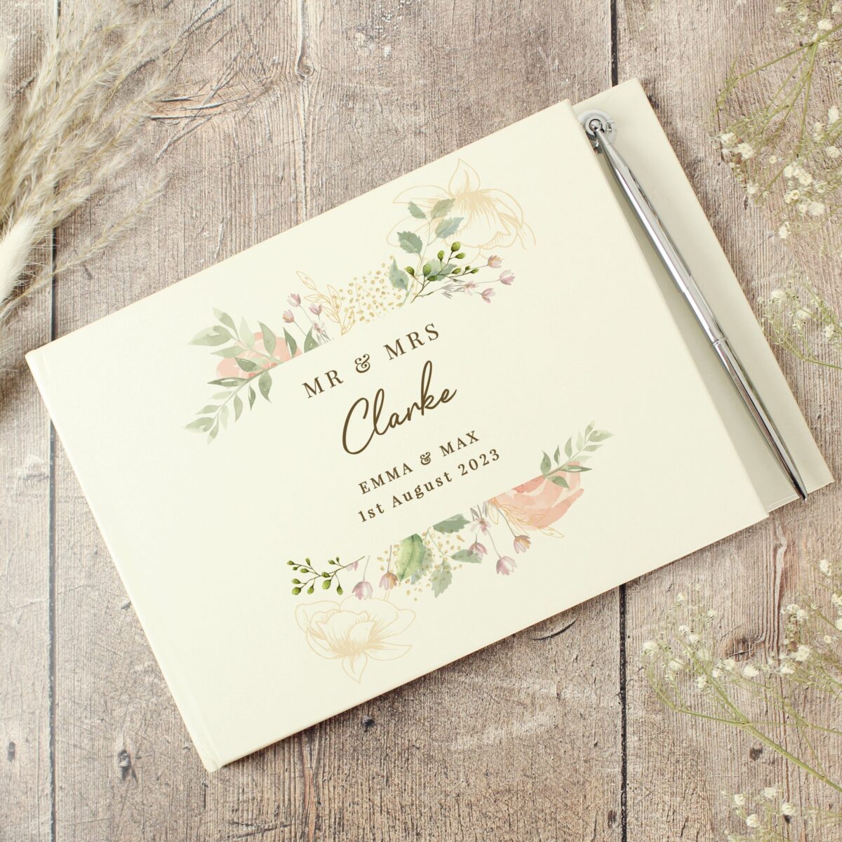 Personalised floral watercolour hardback guest book pen