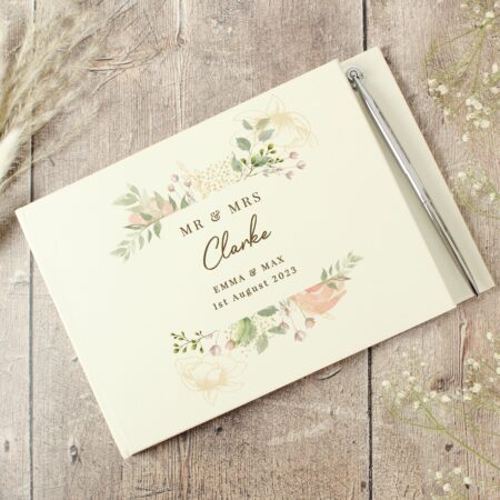 Personalised floral watercolour hardback guest book pen
