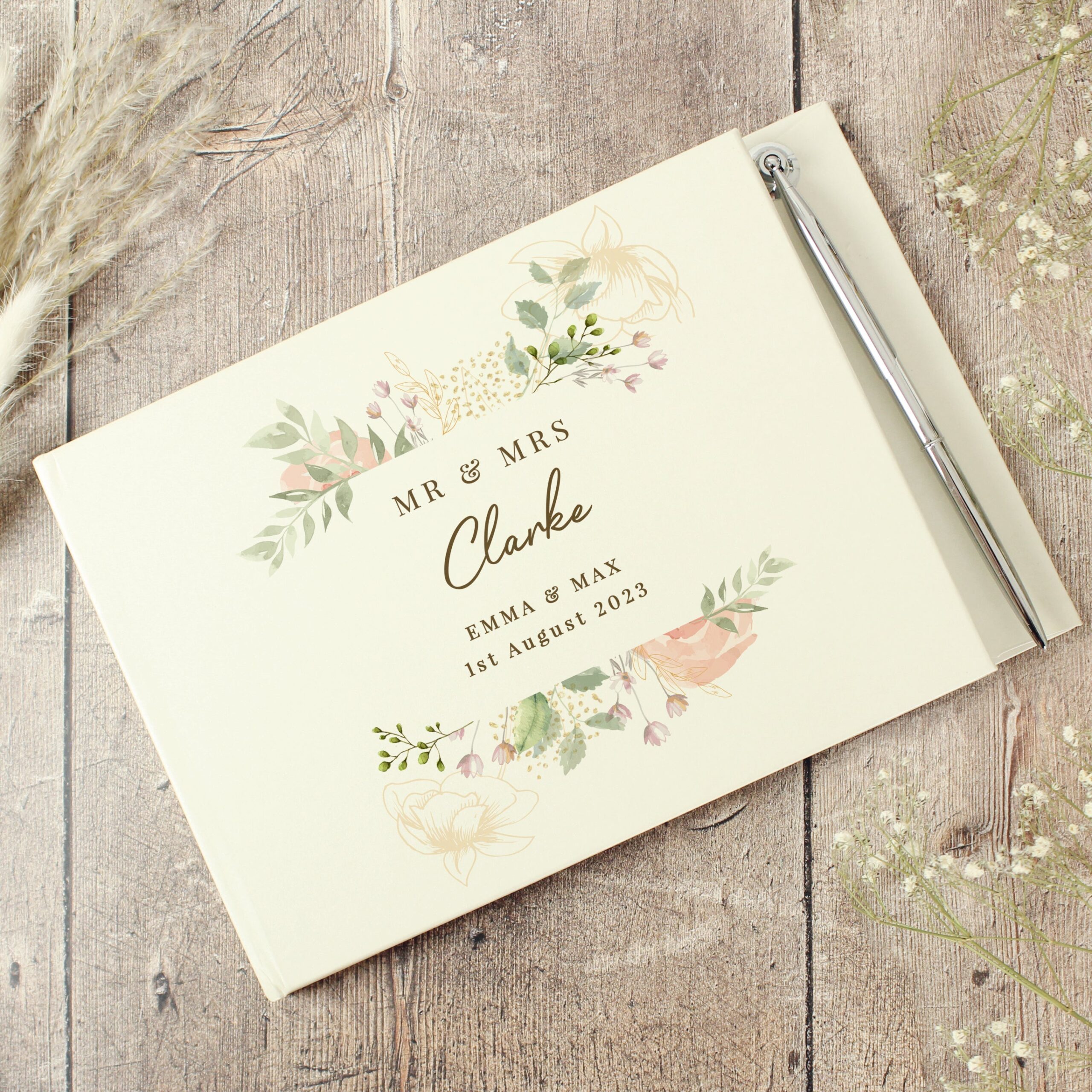 Personalised floral watercolour hardback guest book pen