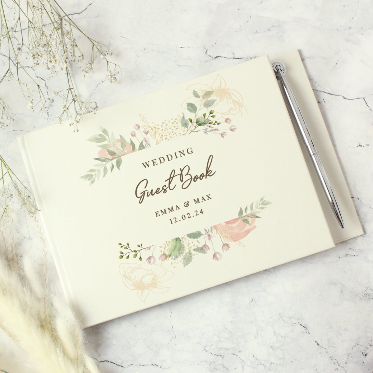 Personalised floral watercolour hardback guest book pen