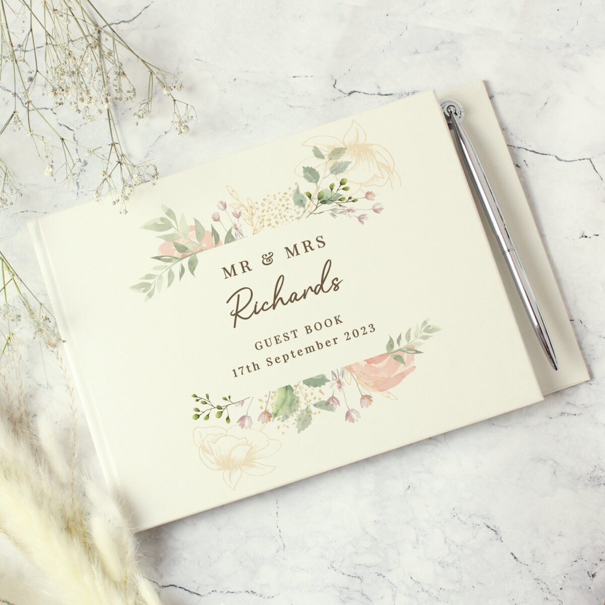 Personalised floral watercolour hardback guest book pen