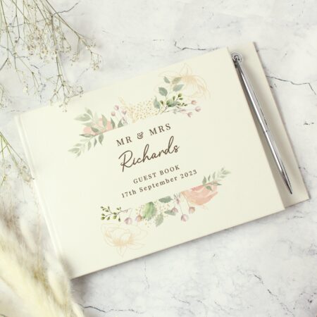 Personalised floral watercolour hardback guest book pen