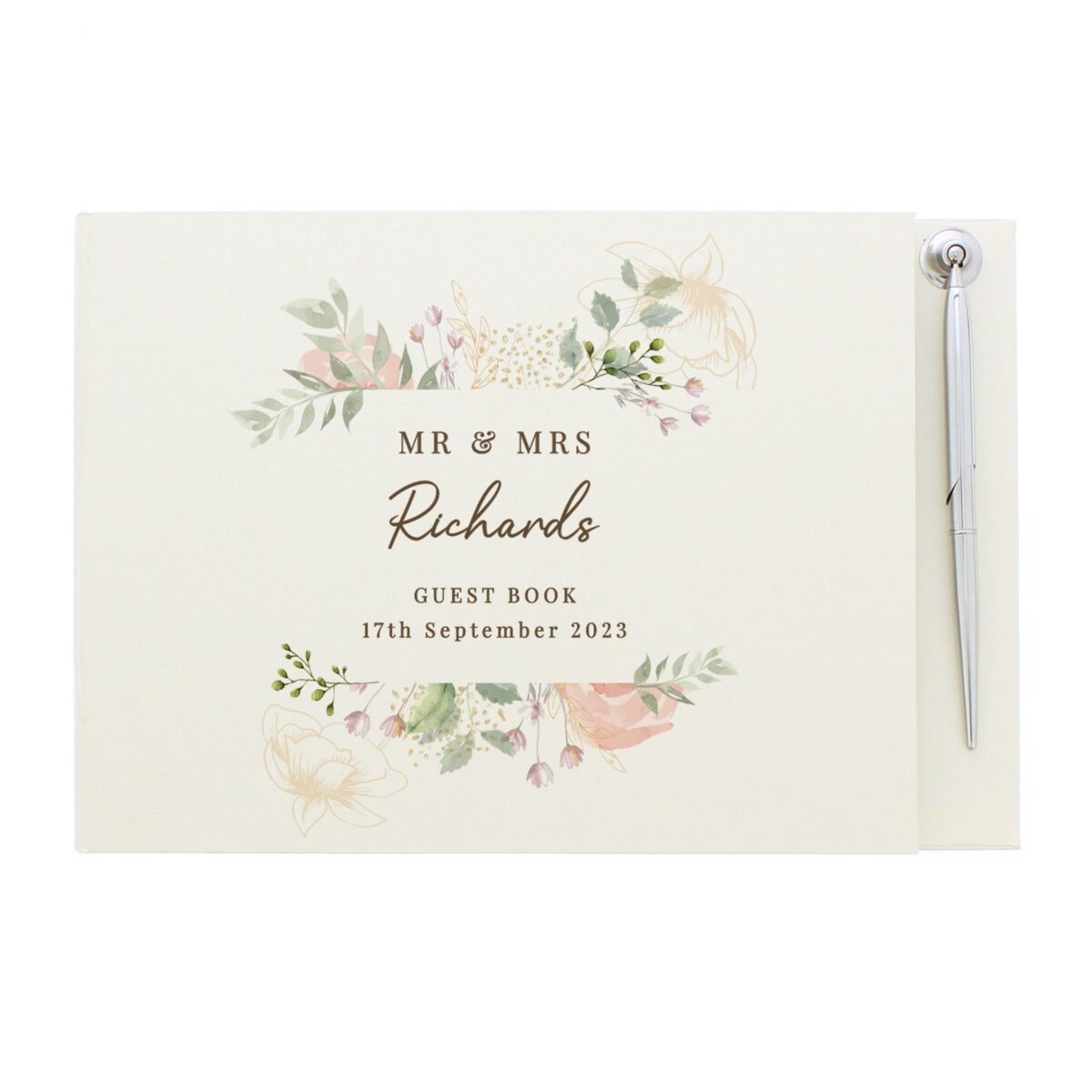 Personalised floral watercolour hardback guest book pen