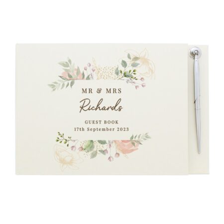 Personalised floral watercolour hardback guest book pen