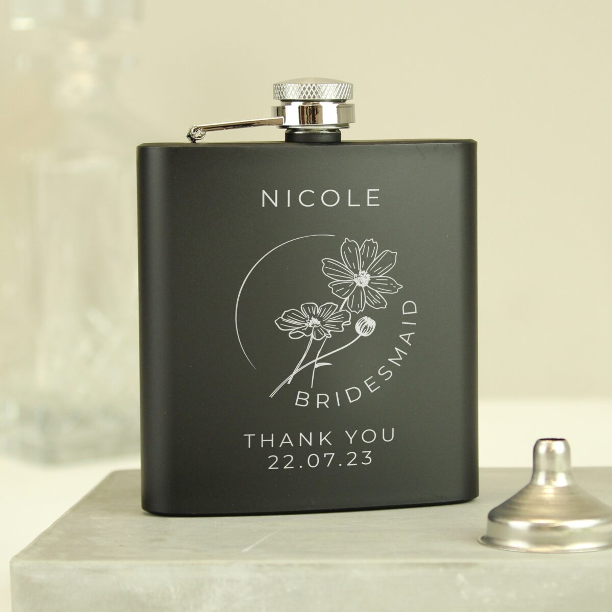 Personalised Floral Wedding Party Black Hip Flask: 4 - Hip Flasks By Gift Moments