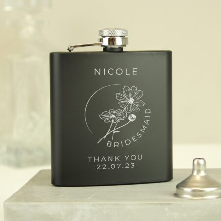 Personalised Floral Wedding Party Black Hip Flask: 4 - Hip Flasks By Gift Moments