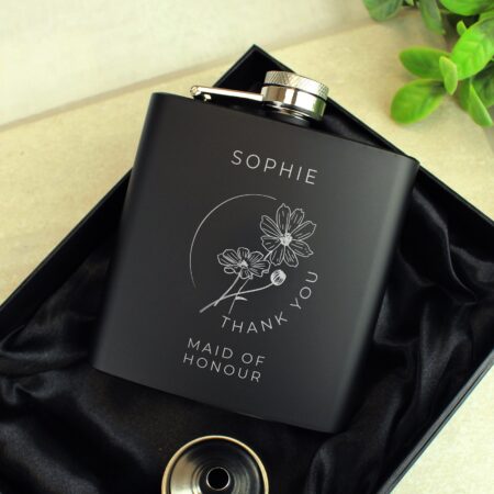 Personalised Floral Wedding Party Black Hip Flask: 1 - Hip Flasks By Gift Moments