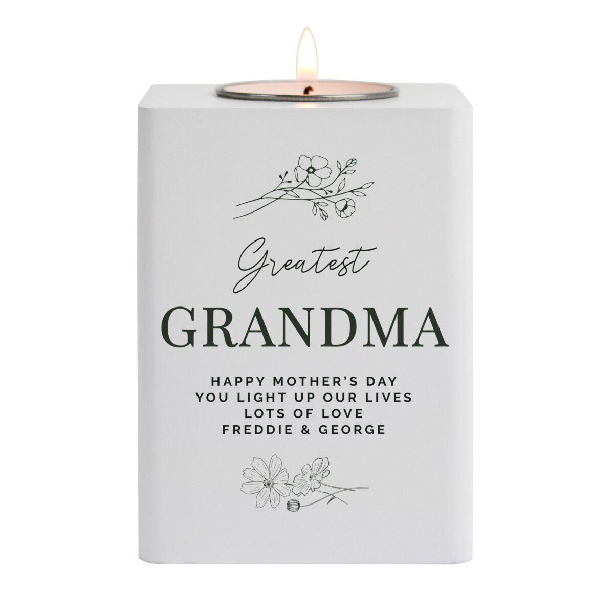 Personalised Floral White Wooden Tea light Holder: 5 - Candle Holders By Gift Moments