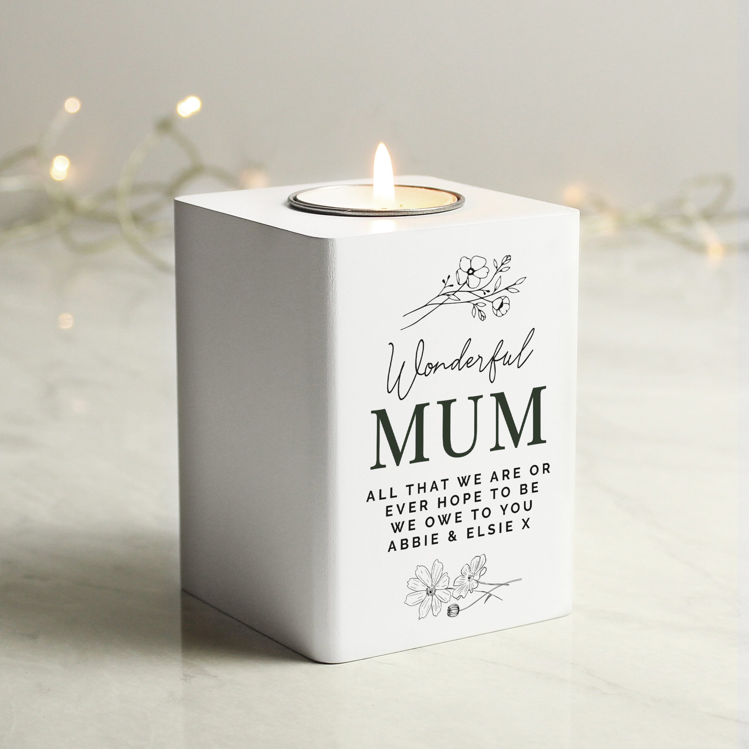 Personalised Floral White Wooden Tea light Holder: 1 - Candle Holders By Gift Moments