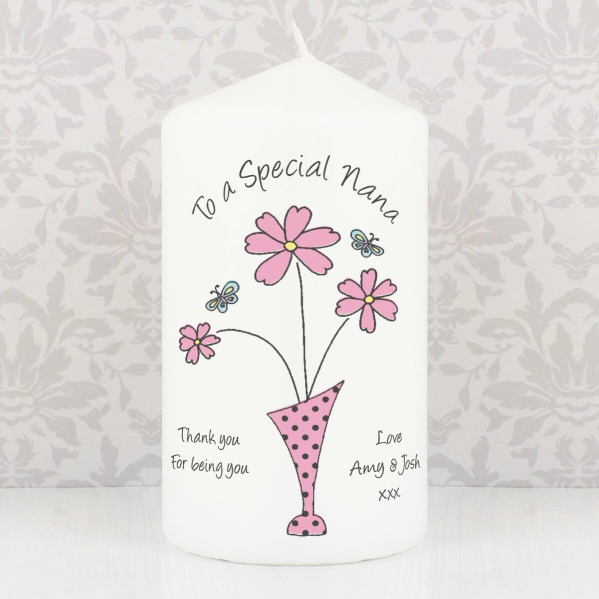 Personalised Flower in Vase Message Pillar Candle: 1 - Candles By Gift Moments