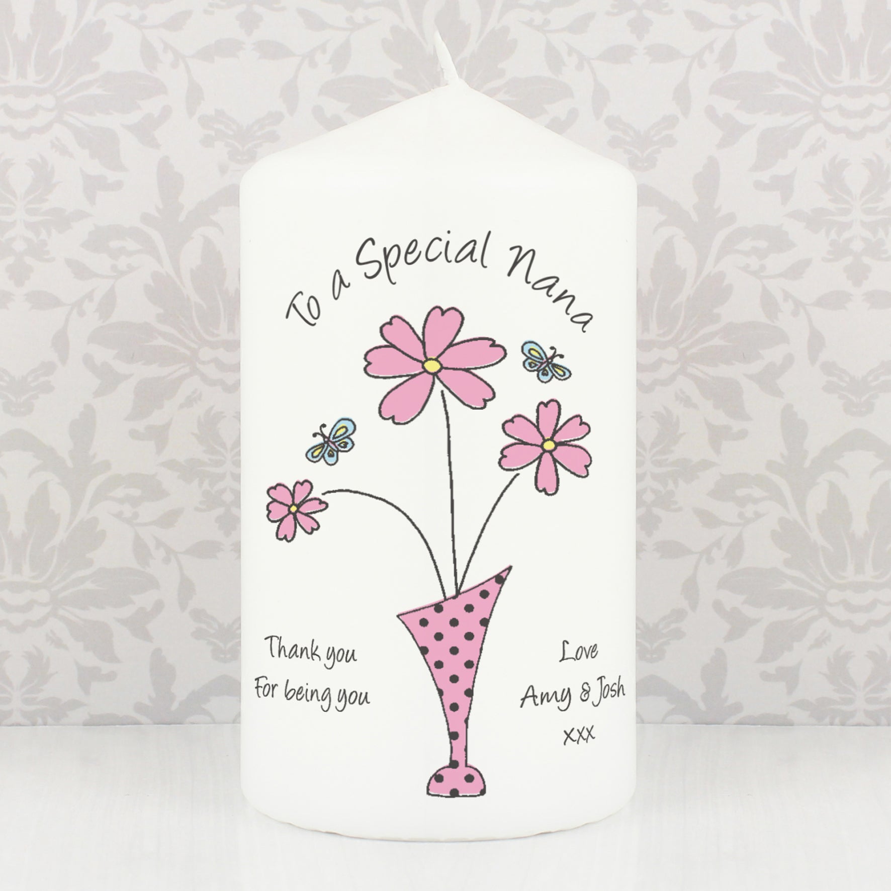 Personalised Flower in Vase Message Pillar Candle: 1 - Candles By Gift Moments