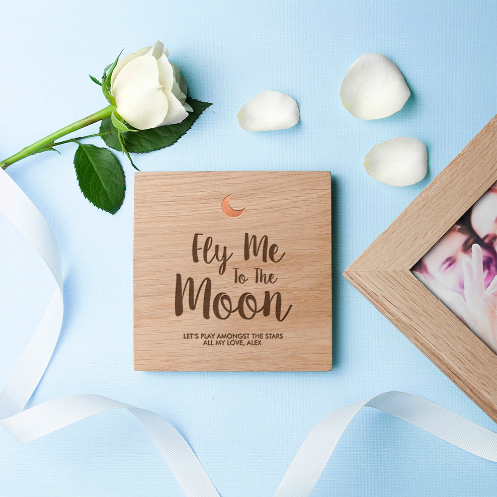 Personalised Fly Me To The Moon Oak Photo Cube: 3 - Photo Cubes By Gift Moments