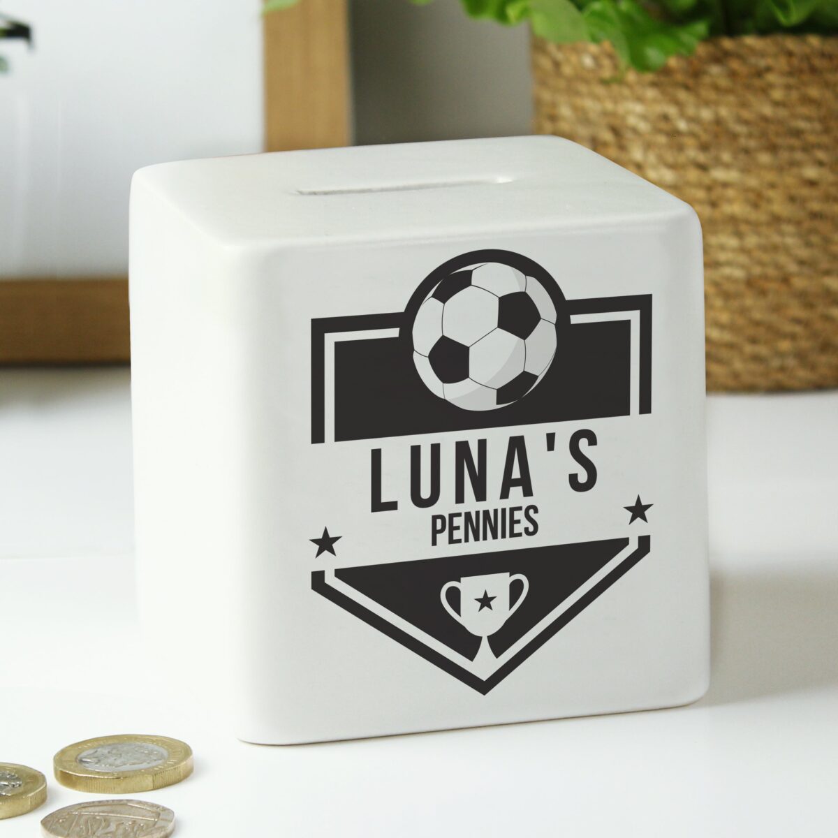 Personalised Football Badge Ceramic Square Money Box: 4 - Money Boxes By Gift Moments