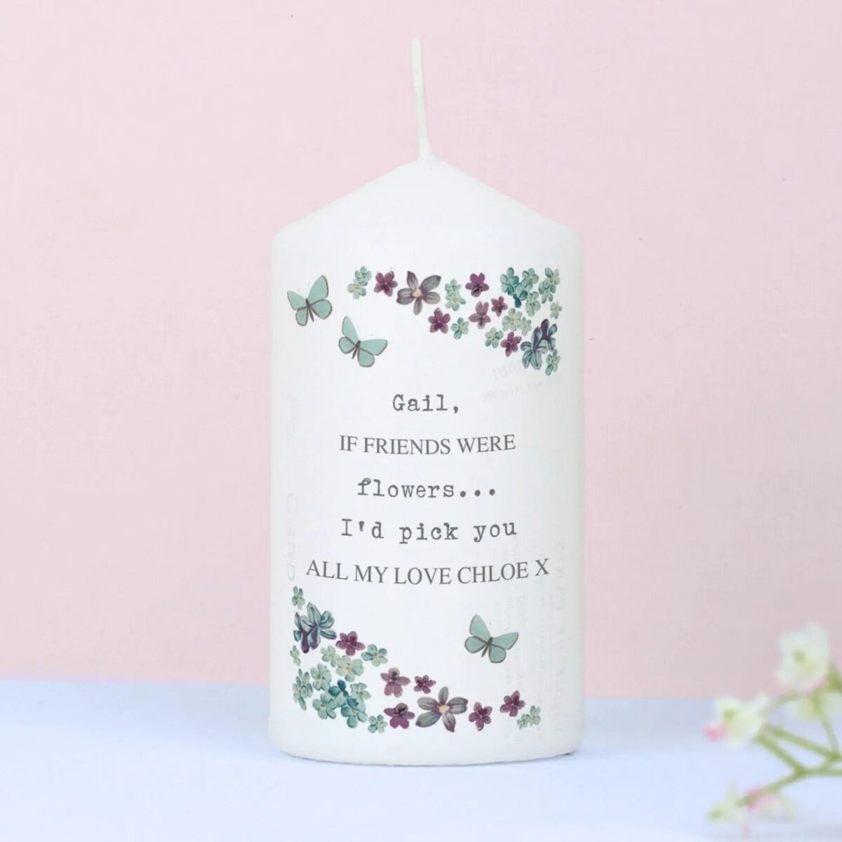 Personalised Forget me not Pillar Candle: 2 - Candles By Gift Moments