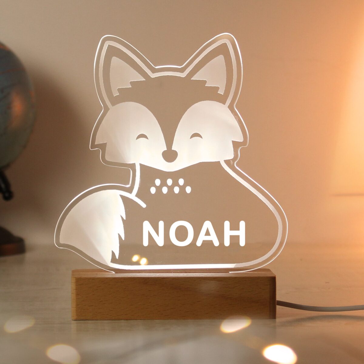 Personalised Fox Wooden Based LED Light: 1 - LED Lighting By Gift Moments