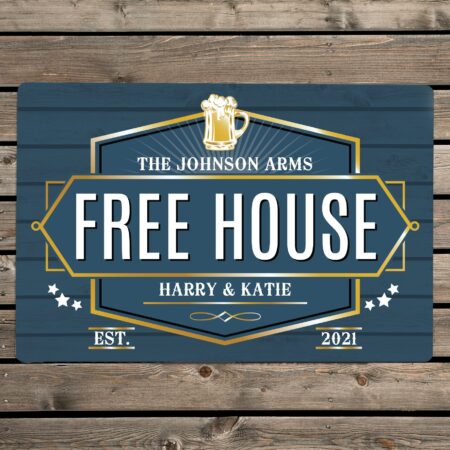 Personalised free house blue metal sign