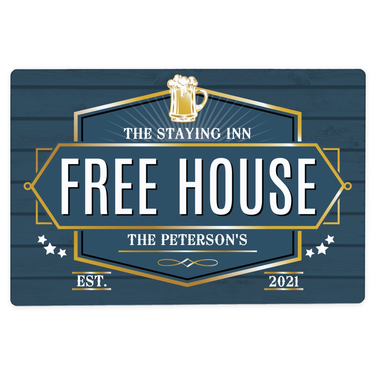 Personalised free house blue metal sign