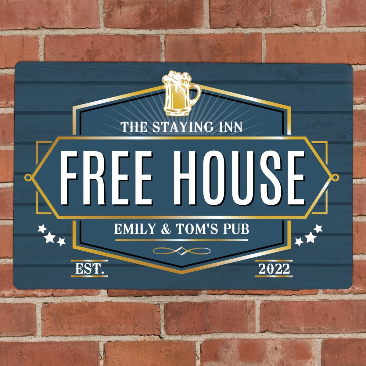 Personalised free house blue metal sign