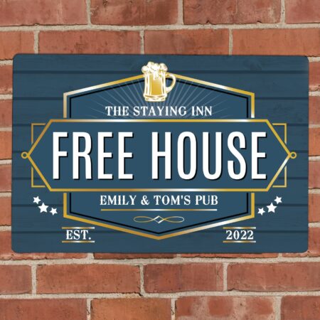 Personalised free house blue metal sign