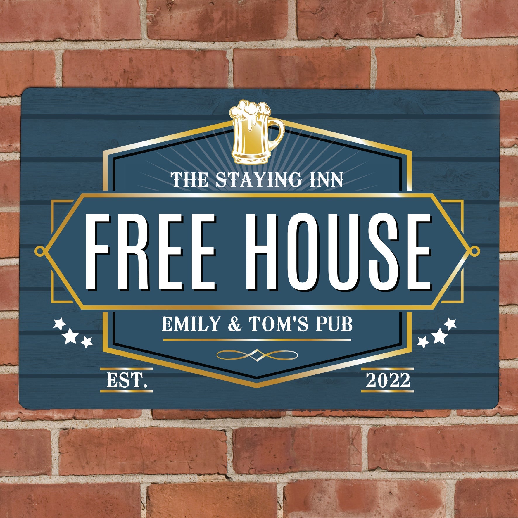 Personalised free house blue metal sign