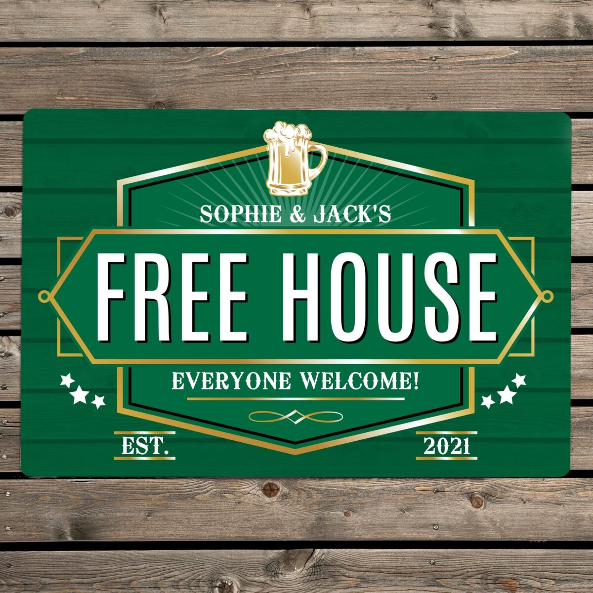 Personalised free house green metal sign