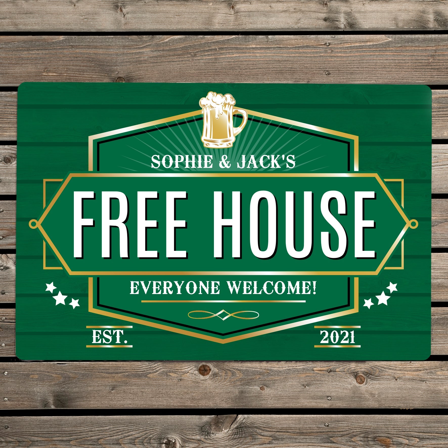 Personalised free house green metal sign
