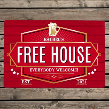 Personalised free house red metal sign