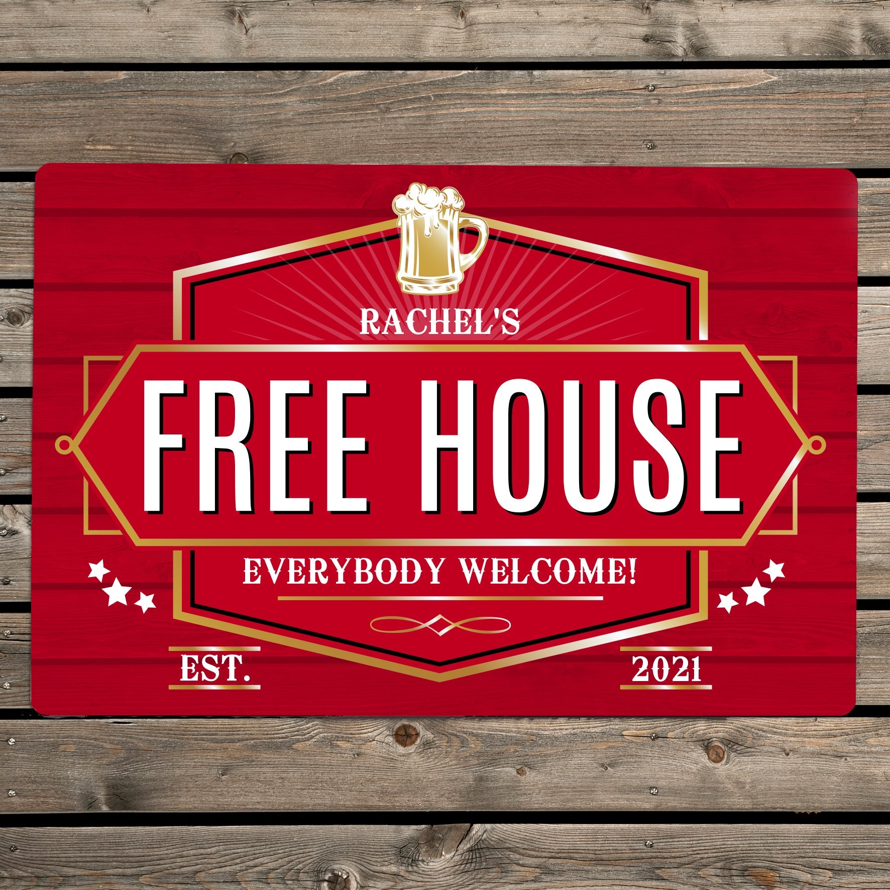 Personalised free house red metal sign