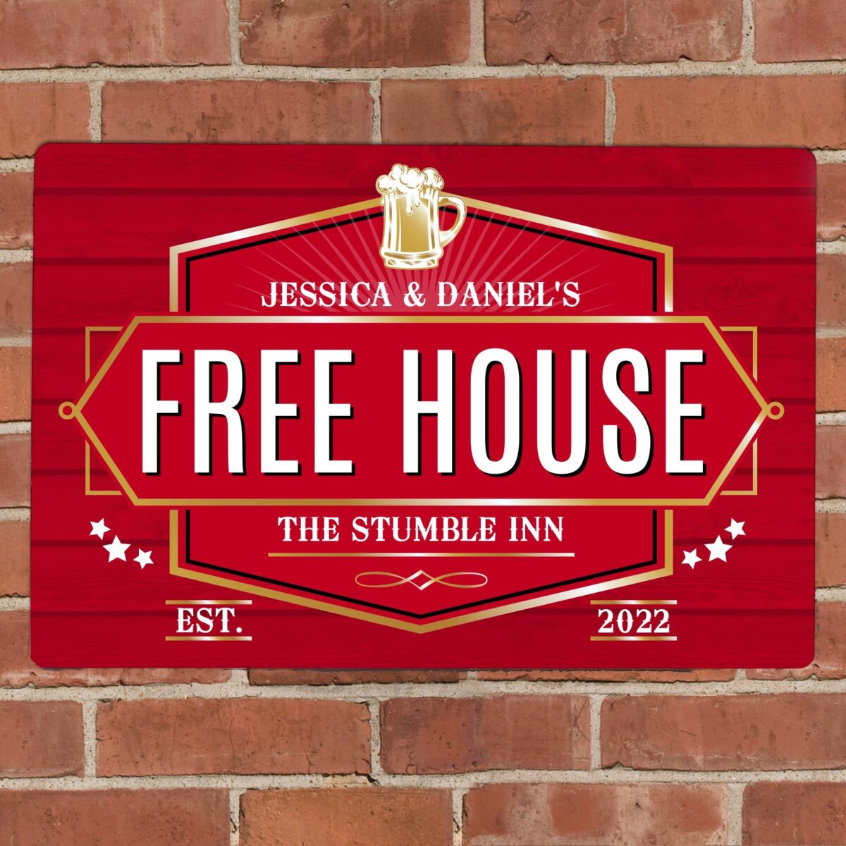 Personalised free house red metal sign