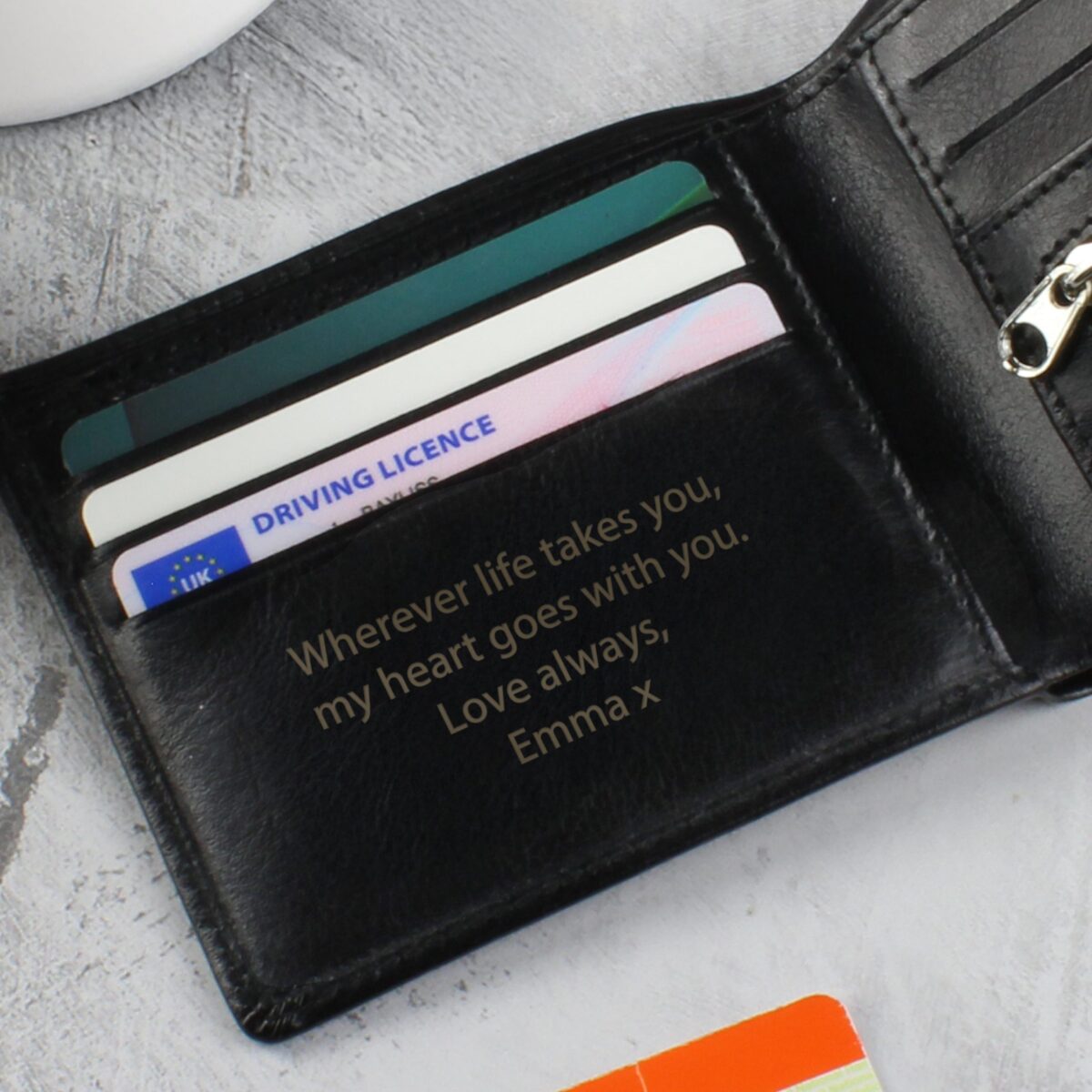 Personalised free text black leather wallet