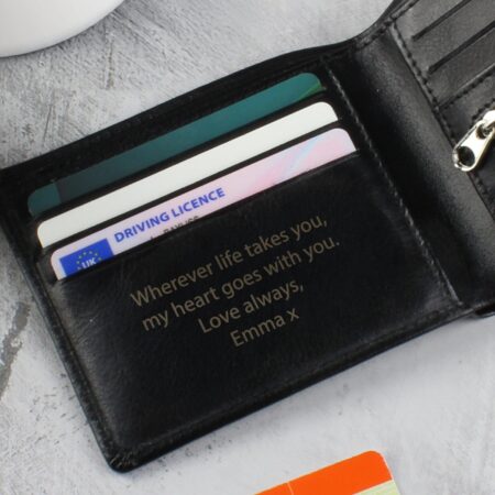 Personalised free text black leather wallet