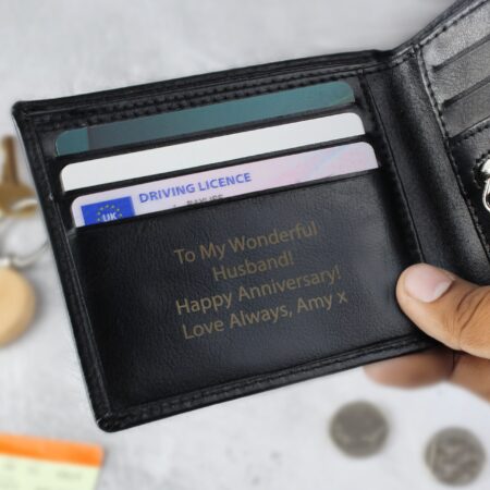 Personalised free text black leather wallet