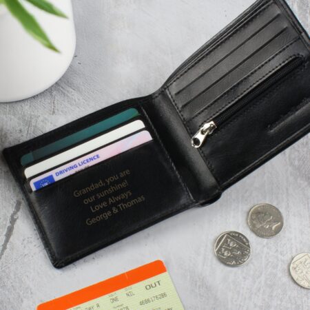 Personalised free text black leather wallet