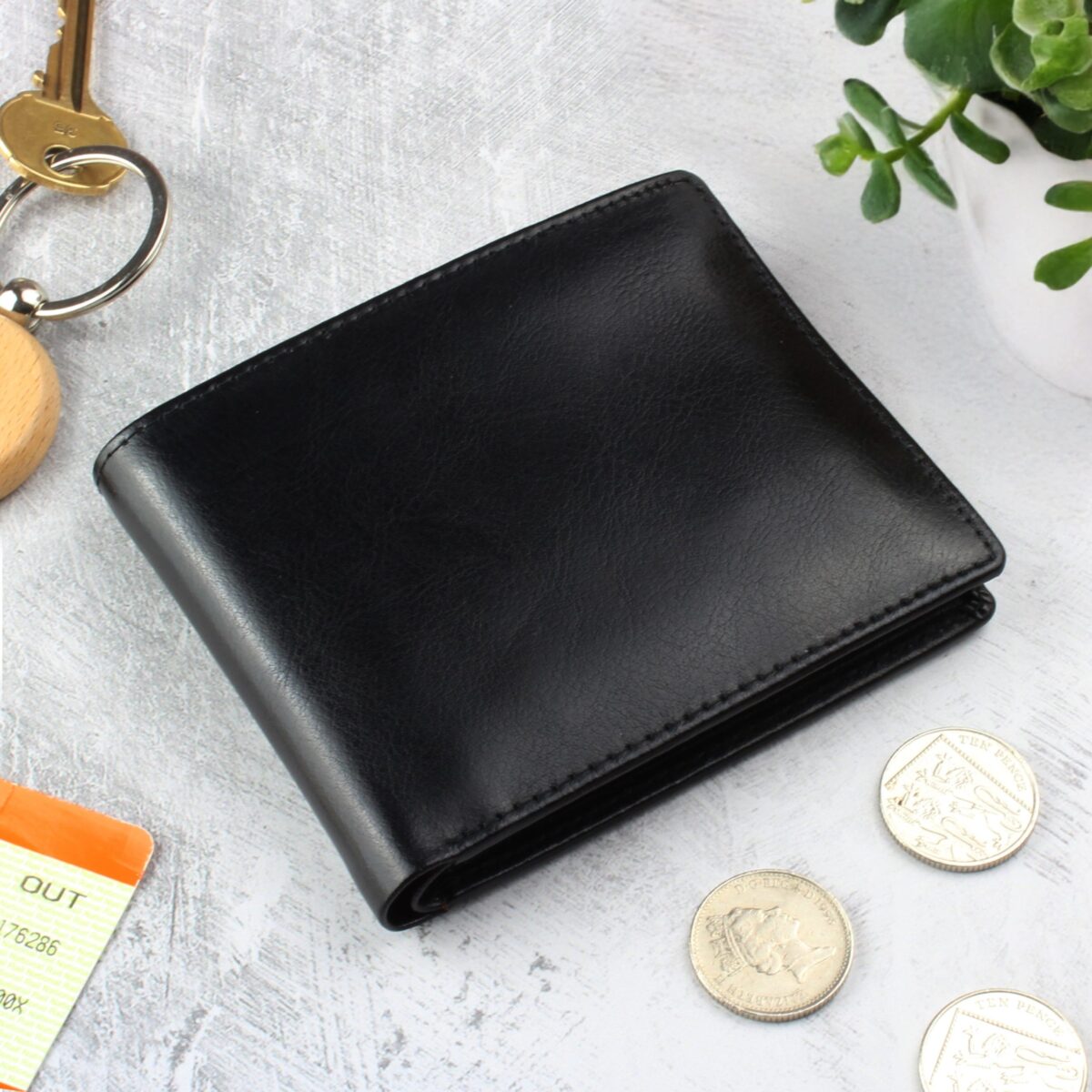 Personalised free text black leather wallet