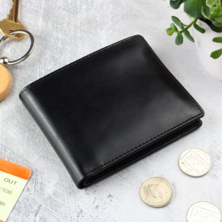 Personalised free text black leather wallet