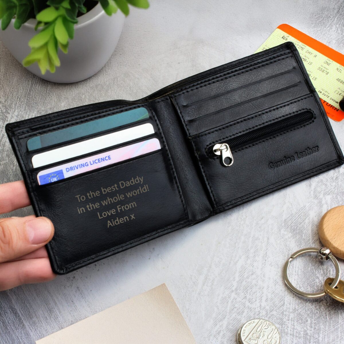 Personalised free text black leather wallet